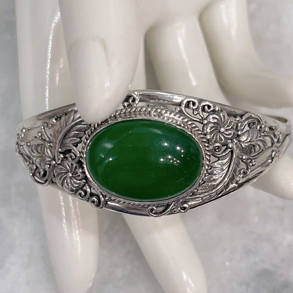 Burmese Green Jade Sterling Silver 7.5” Cuff Bracelet